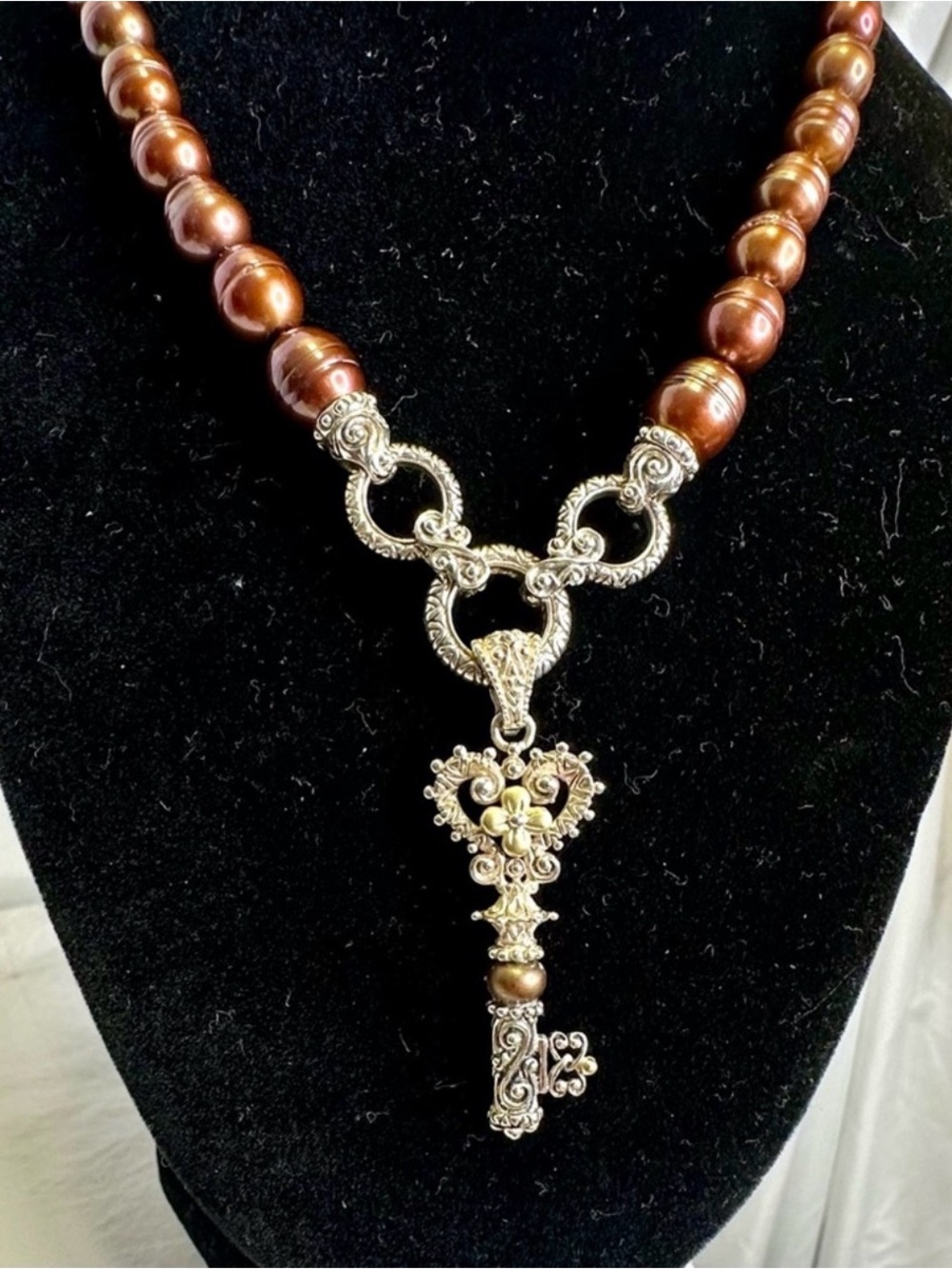 BARBARA BIXBY Sterling Silver 18k Gold Copper-colored Pearl Key Pendant Necklace